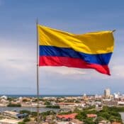 Colombian Flag over city of Cartagena, Colombia